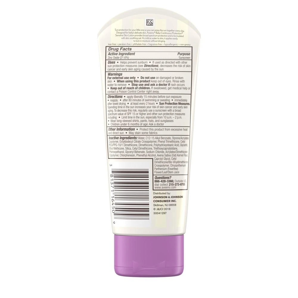 Aveeno Baby Continuous Protection® Sensitive Skin Lotion Zinc Oxide Sunscreen with Broad Spectrum SPF 50  EXP:07/2025